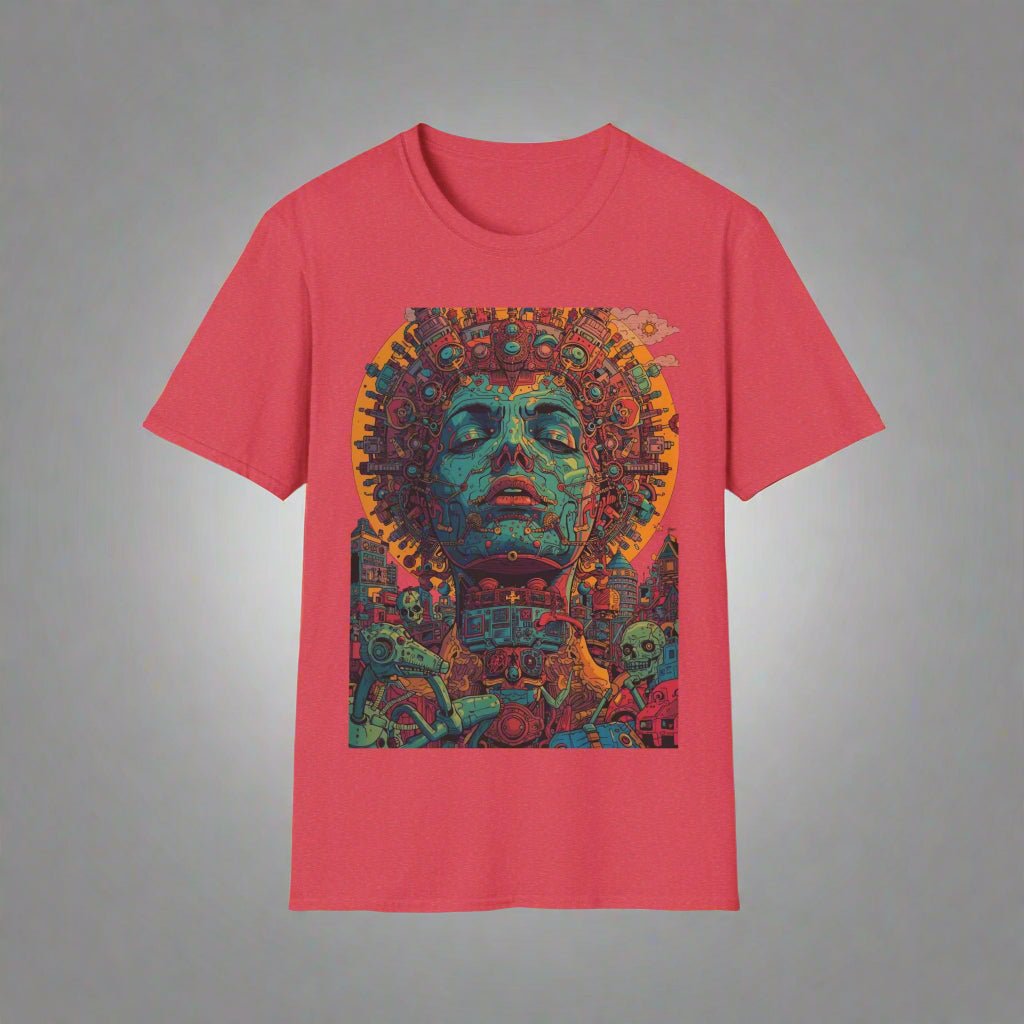 Red t-shirt with a colorful graphic of a face