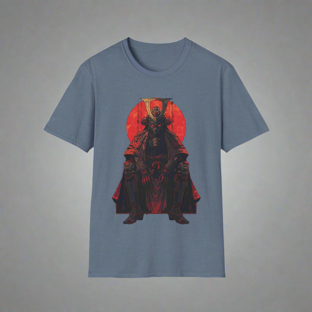 Blue t-shirt with a graphic of a character in a red circle