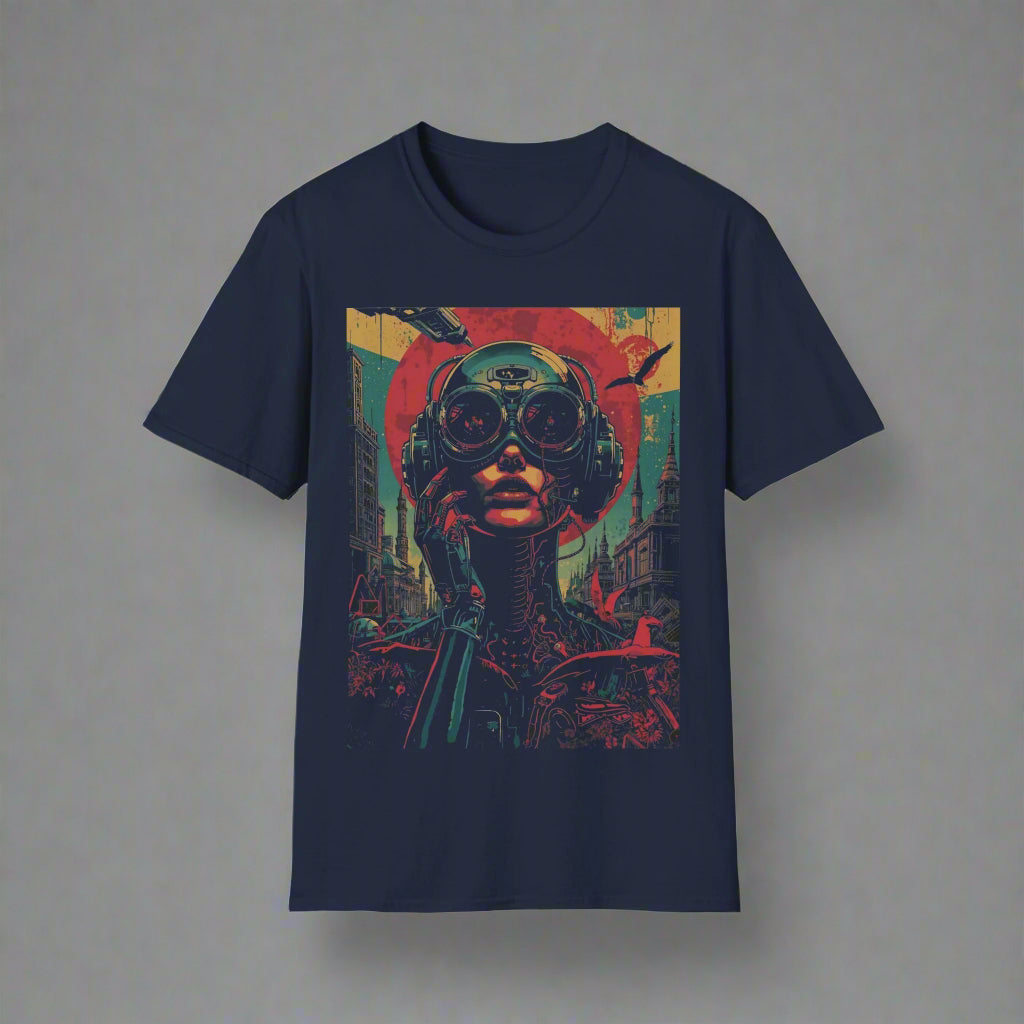 Navy blue t-shirt with a colorful graphic design