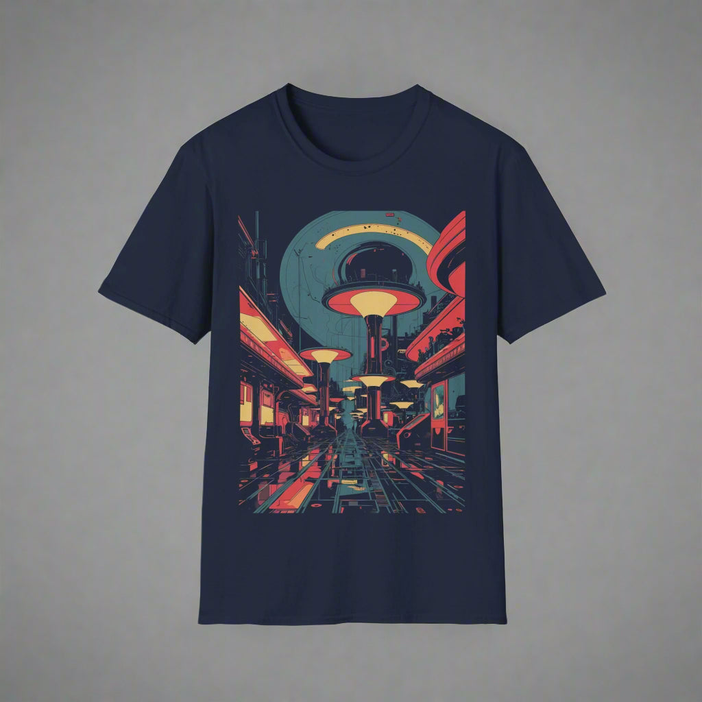 Navy blue t-shirt with a futuristic cityscape design