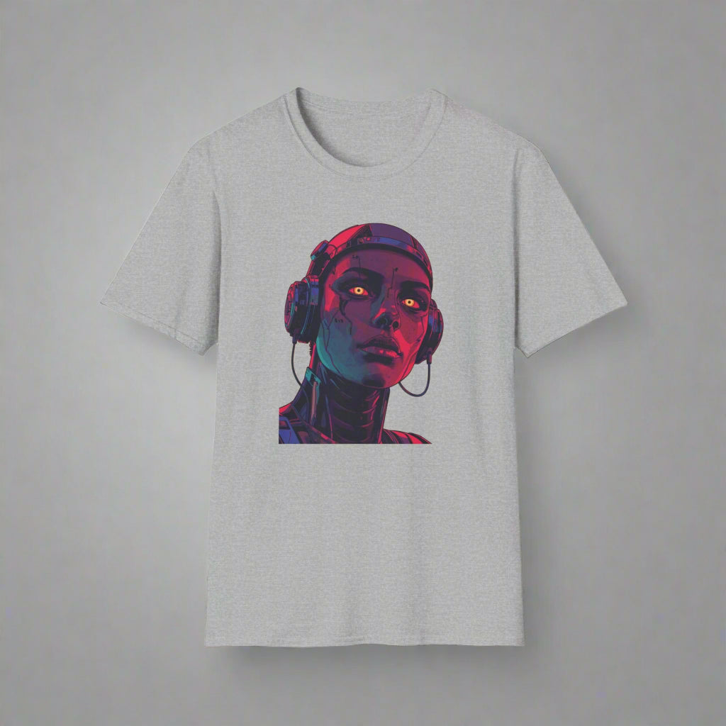 Gray t-shirt with a graphic of a person wearing headphones