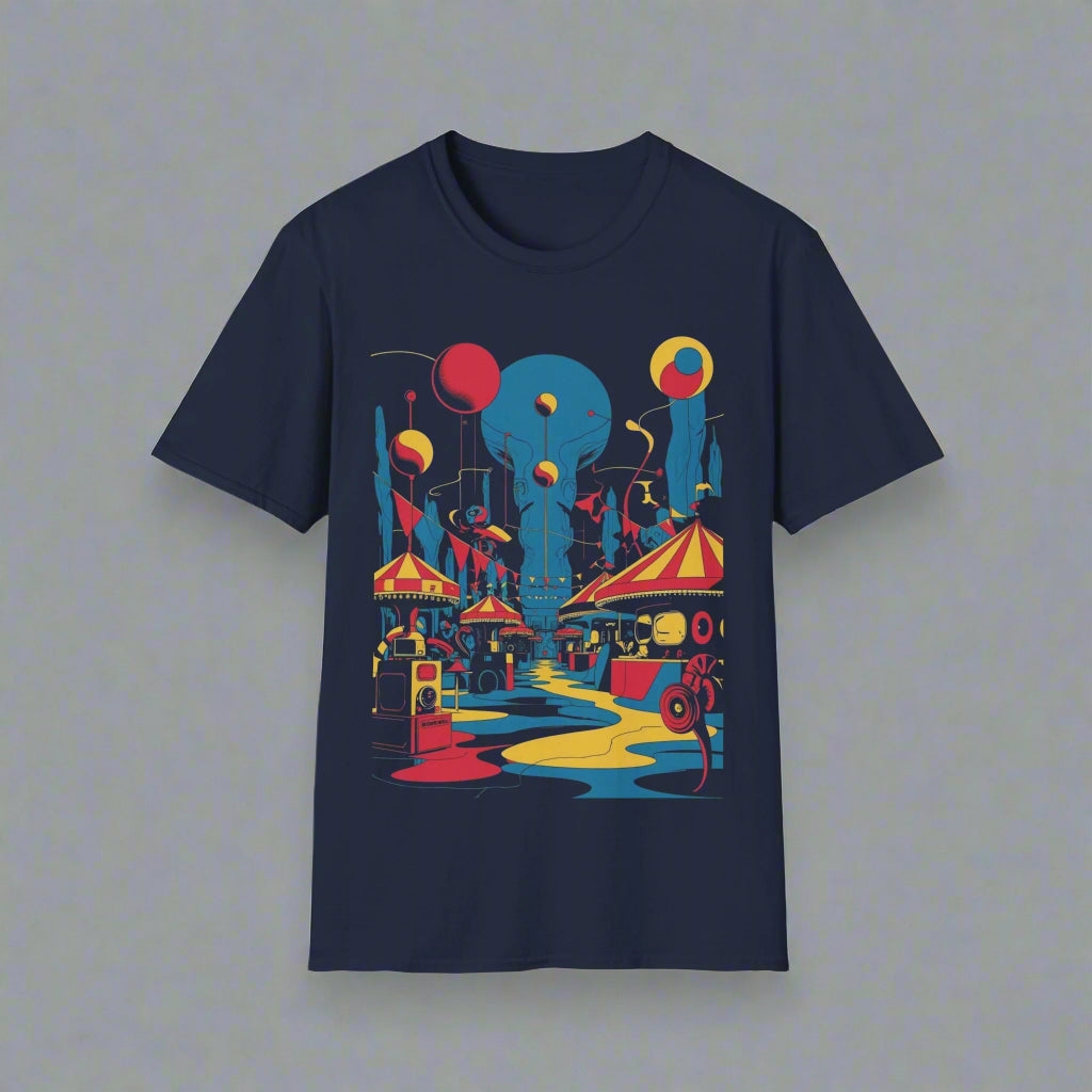 Navy blue t-shirt with colorful graphic design