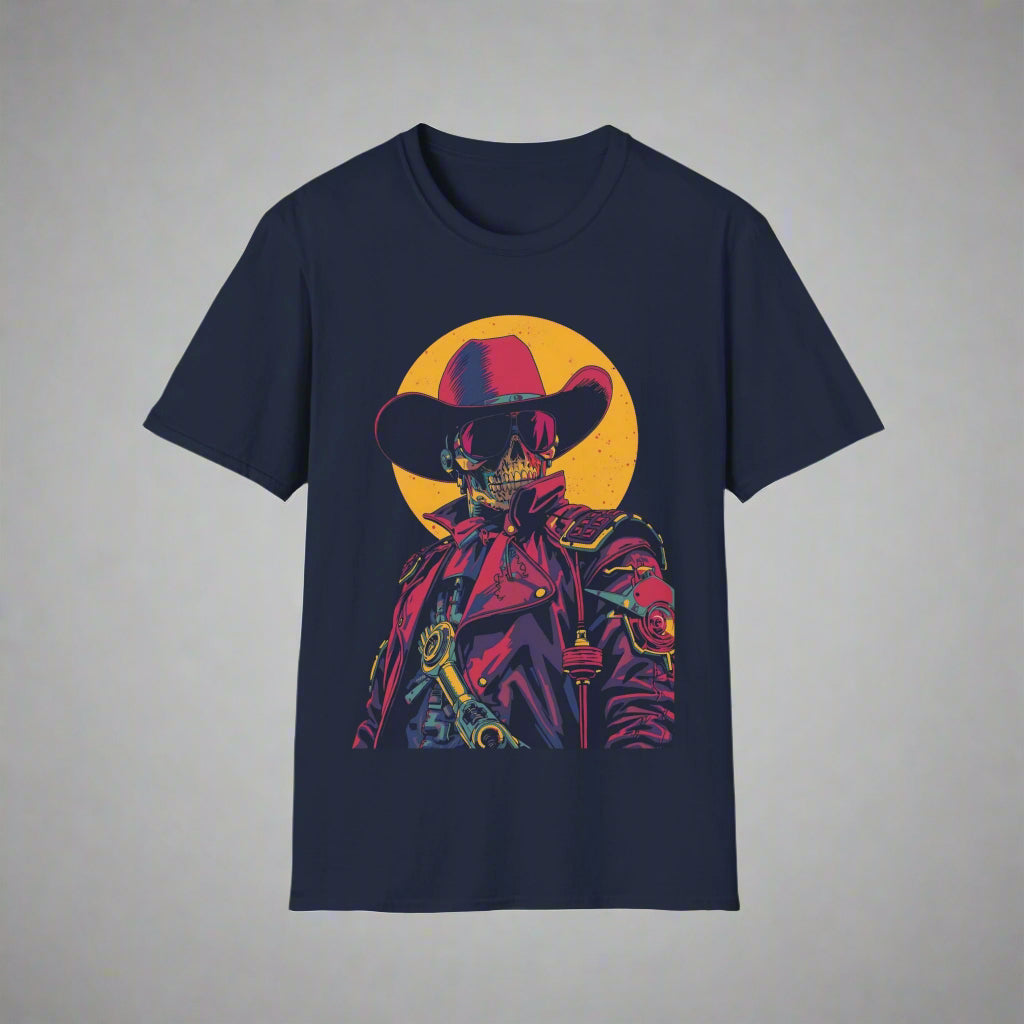 Navy blue t-shirt with a colorful graphic of a skeleton wearing a cowboy hat and coat
