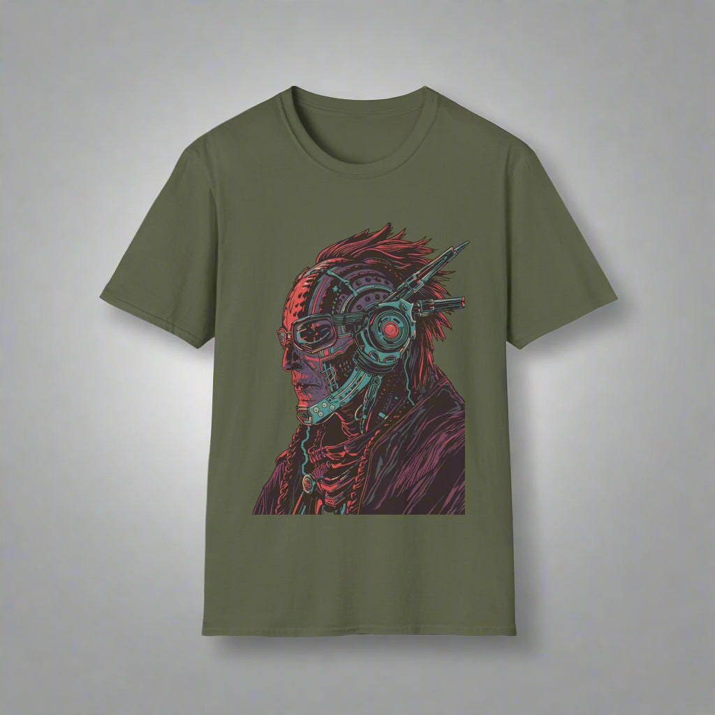 Green t-shirt with a graphic design of a person wearing headphones
