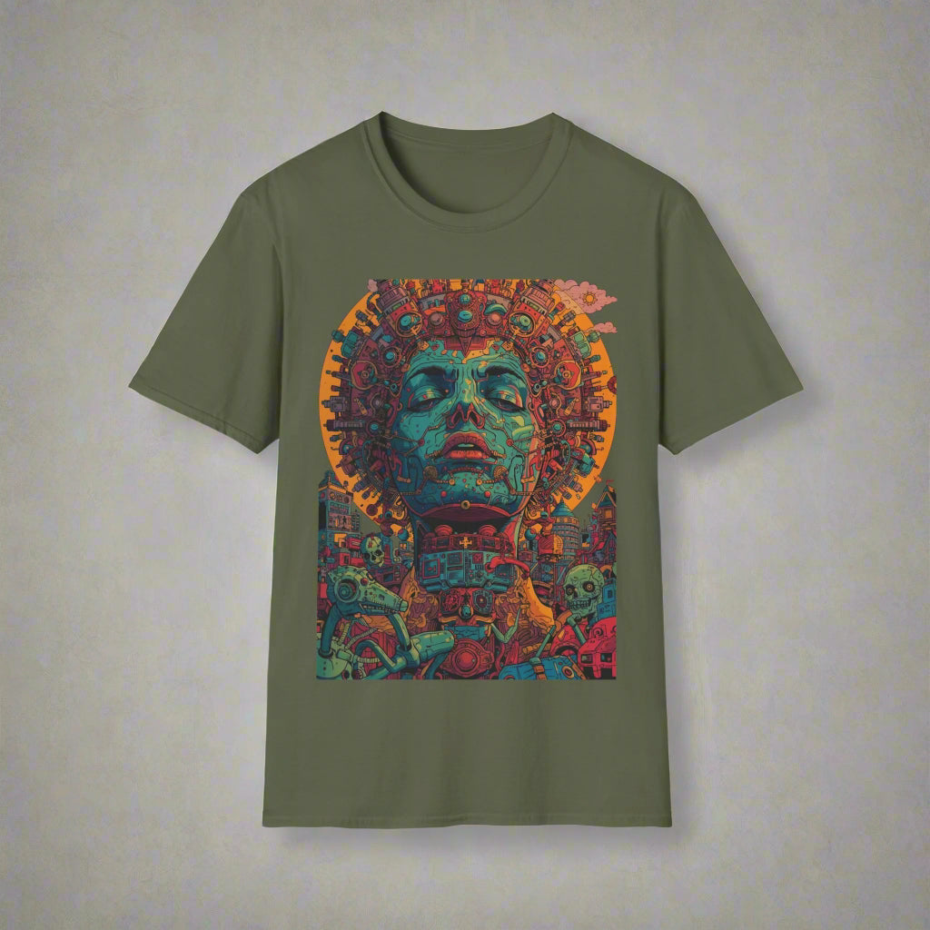 Green t-shirt with a colorful Mayan head design