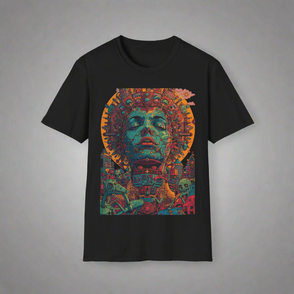 Black t-shirt with a colorful Mayan head design