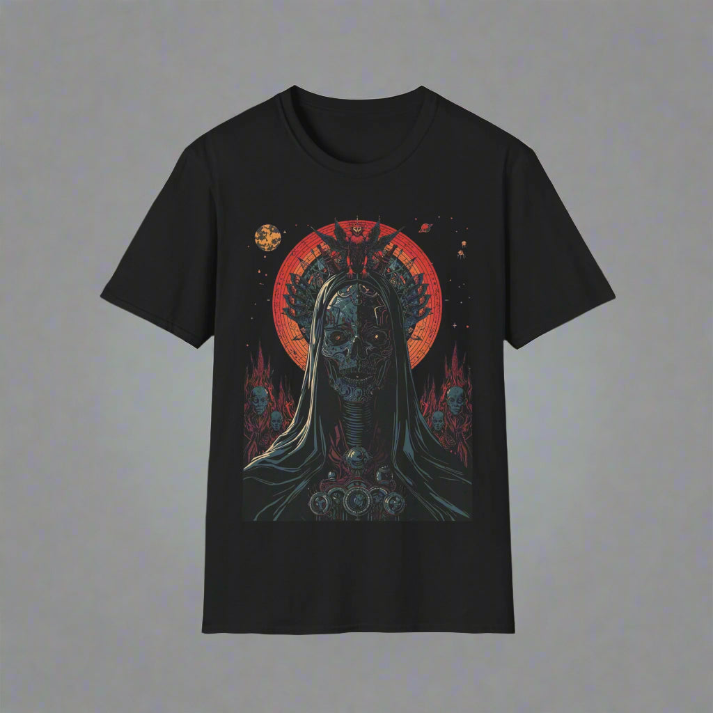 Black t-shirt with a graphic design of a hooded figure and red circle