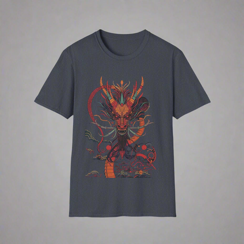Gray t-shirt with a colorful dragon design