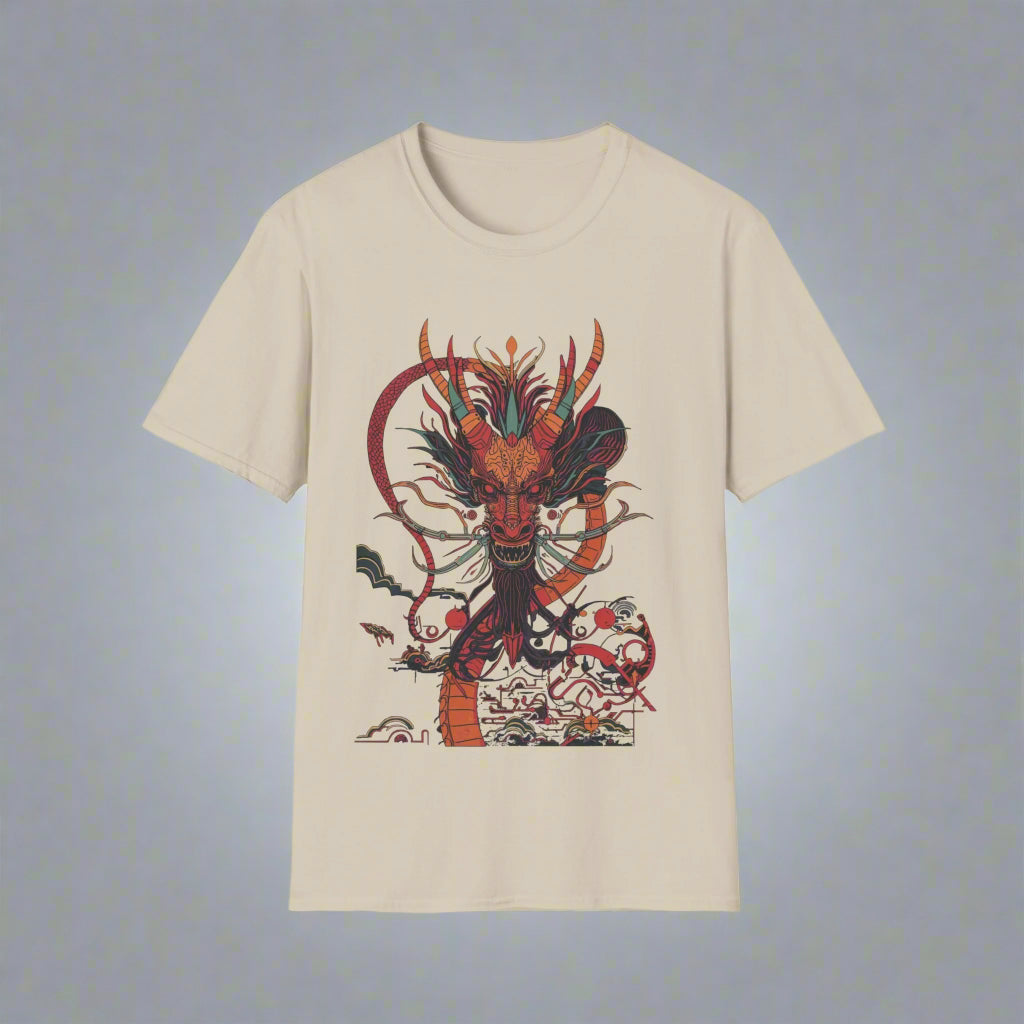 Beige t-shirt with a dragon graphic design