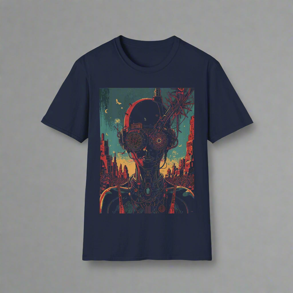 Navy blue t-shirt with a robot and cityscape design