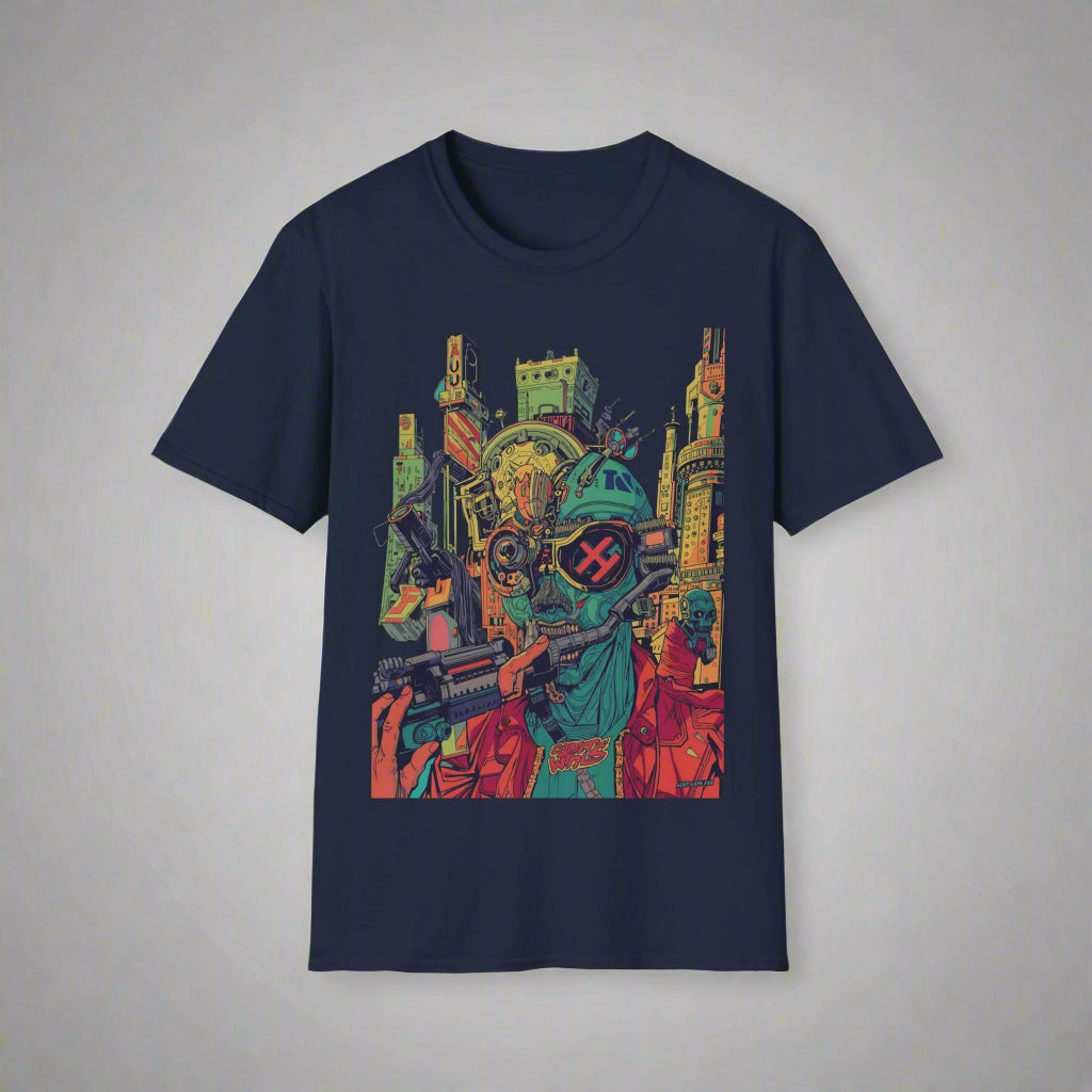 Navy blue t-shirt with a colorful graphic design