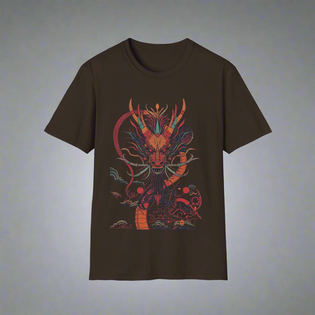 Black t-shirt with a colorful dragon design