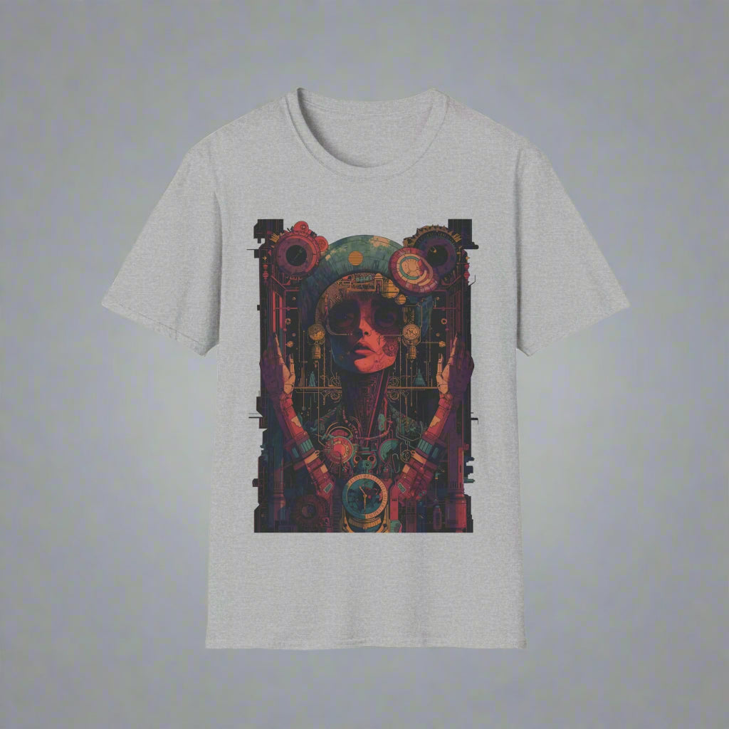 Gray t-shirt with a colorful graphic design