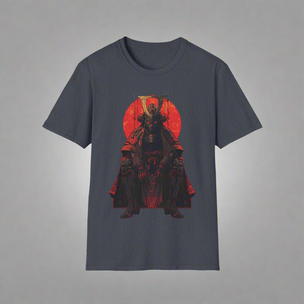 Gray t-shirt with a red and black graphic design