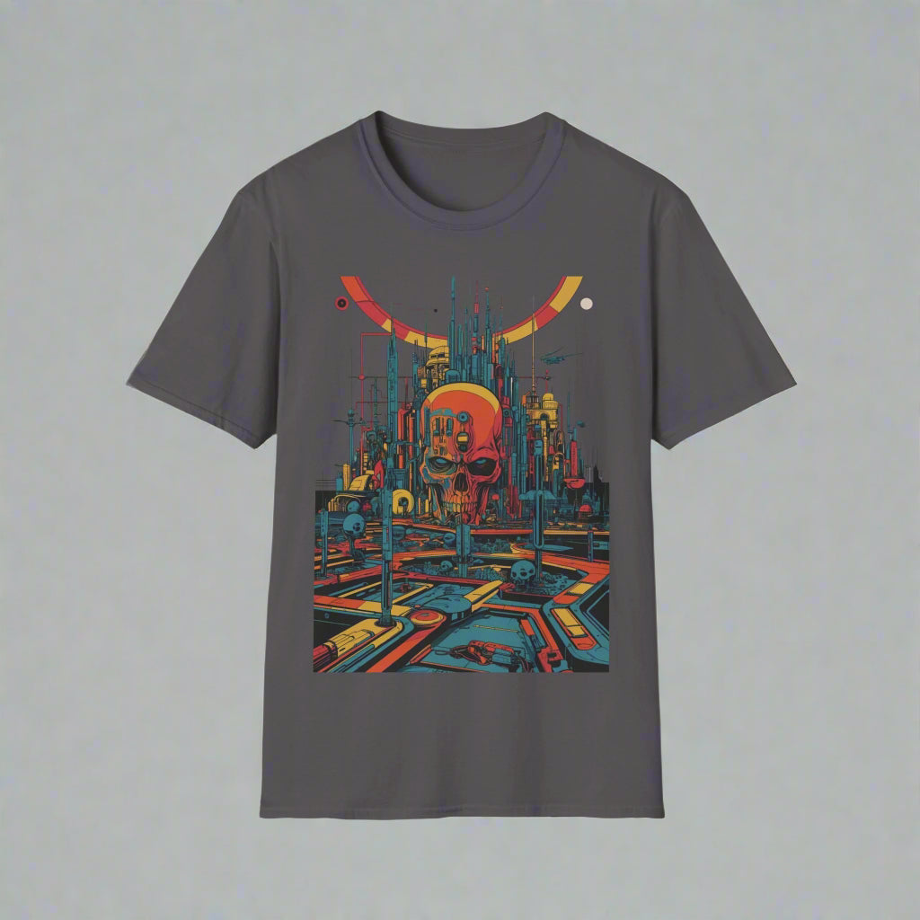 Gray t-shirt with a colorful cityscape design