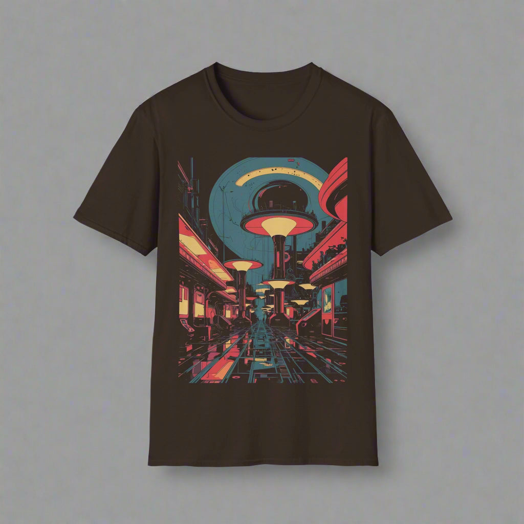 Black t-shirt with a futuristic cityscape design