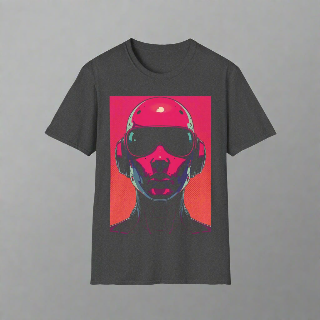 Black t-shirt with a graphic of a person wearing headphones and sunglasses