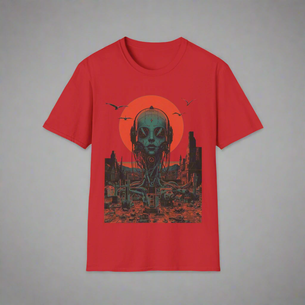 Red t-shirt with a graphic design of an alien face and cityscape