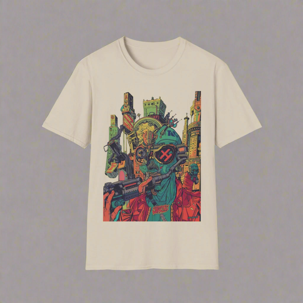 Beige t-shirt with a colorful graphic design