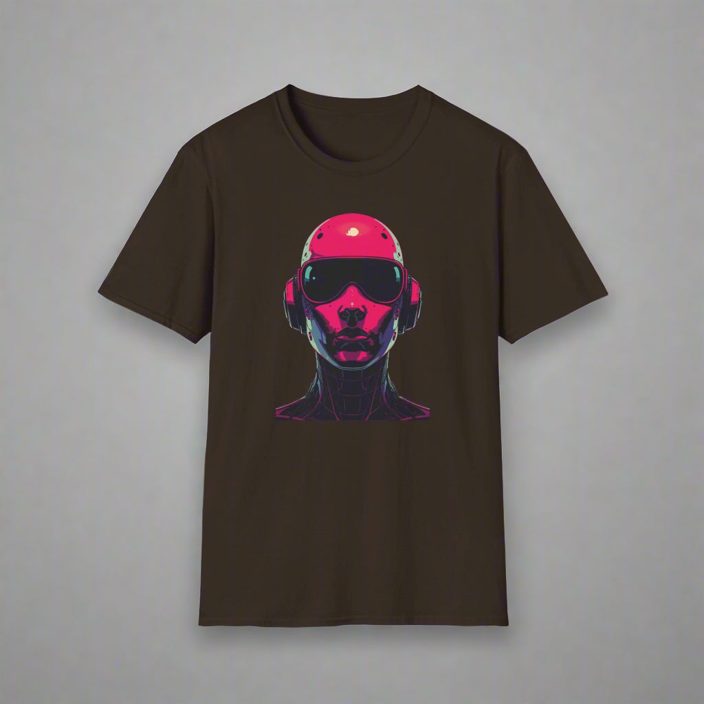 Black t-shirt with a colorful graphic of a face wearing sunglasses and a helmet