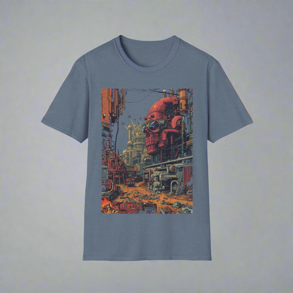Blue t-shirt with a red robot and cityscape graphic