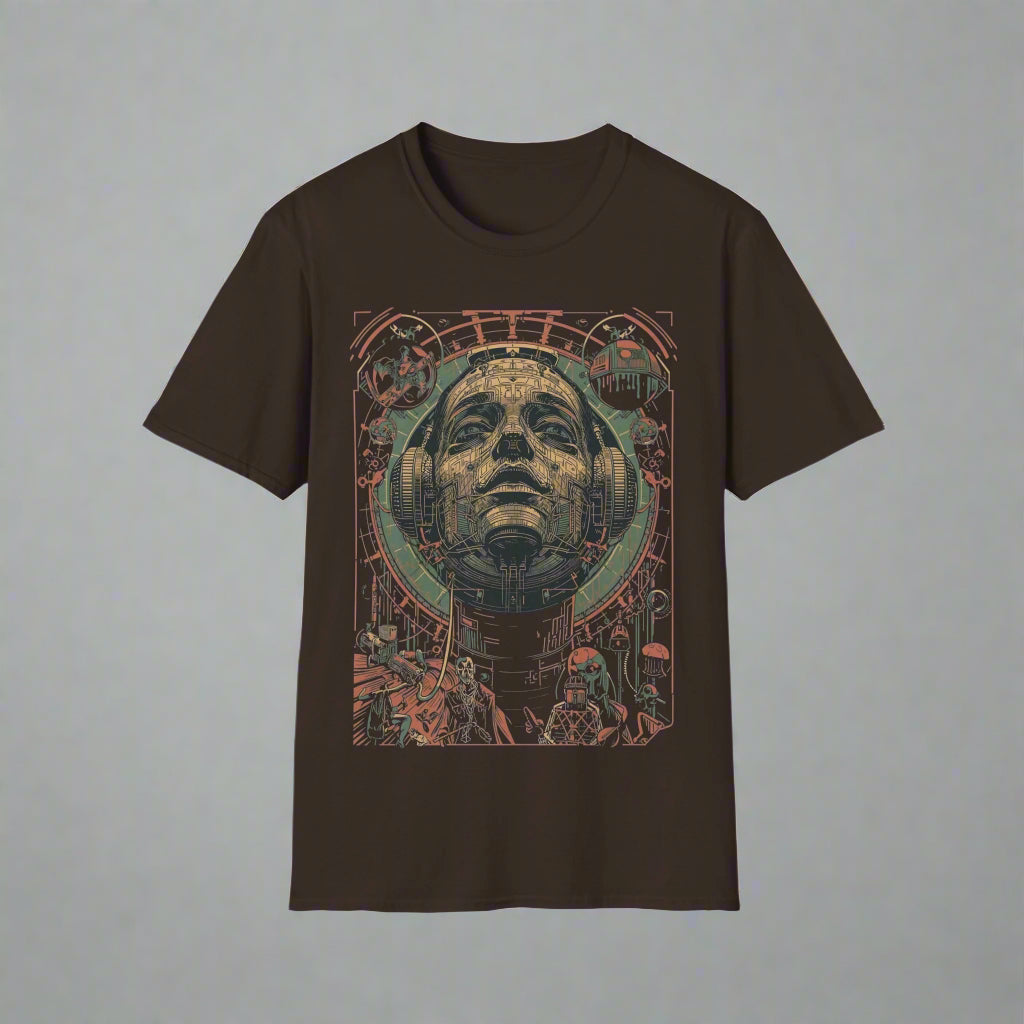 Brown t-shirt with a graphic design of a face and abstract elements