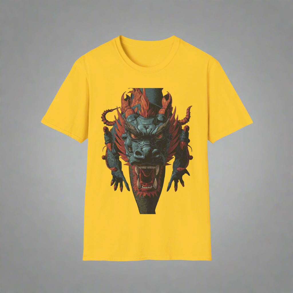 Yellow t-shirt with a dragon graphic
