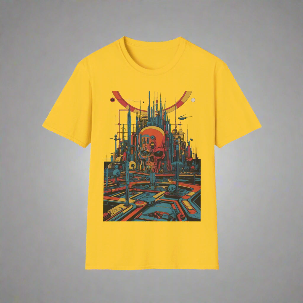 Yellow t-shirt with a colorful abstract design