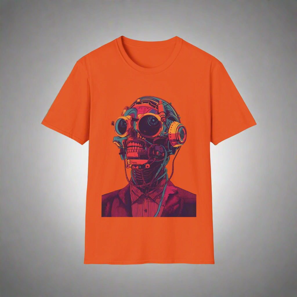 Orange t-shirt with a graphic of a robot skull