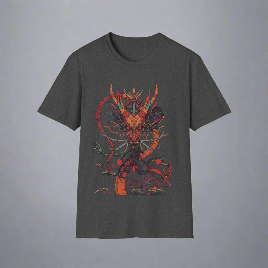 Dark gray t-shirt with a colorful dragon design
