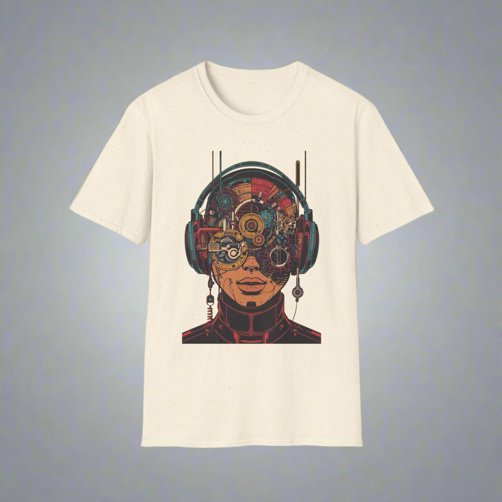 Beige t-shirt with a graphic design of a person wearing headphones and goggles