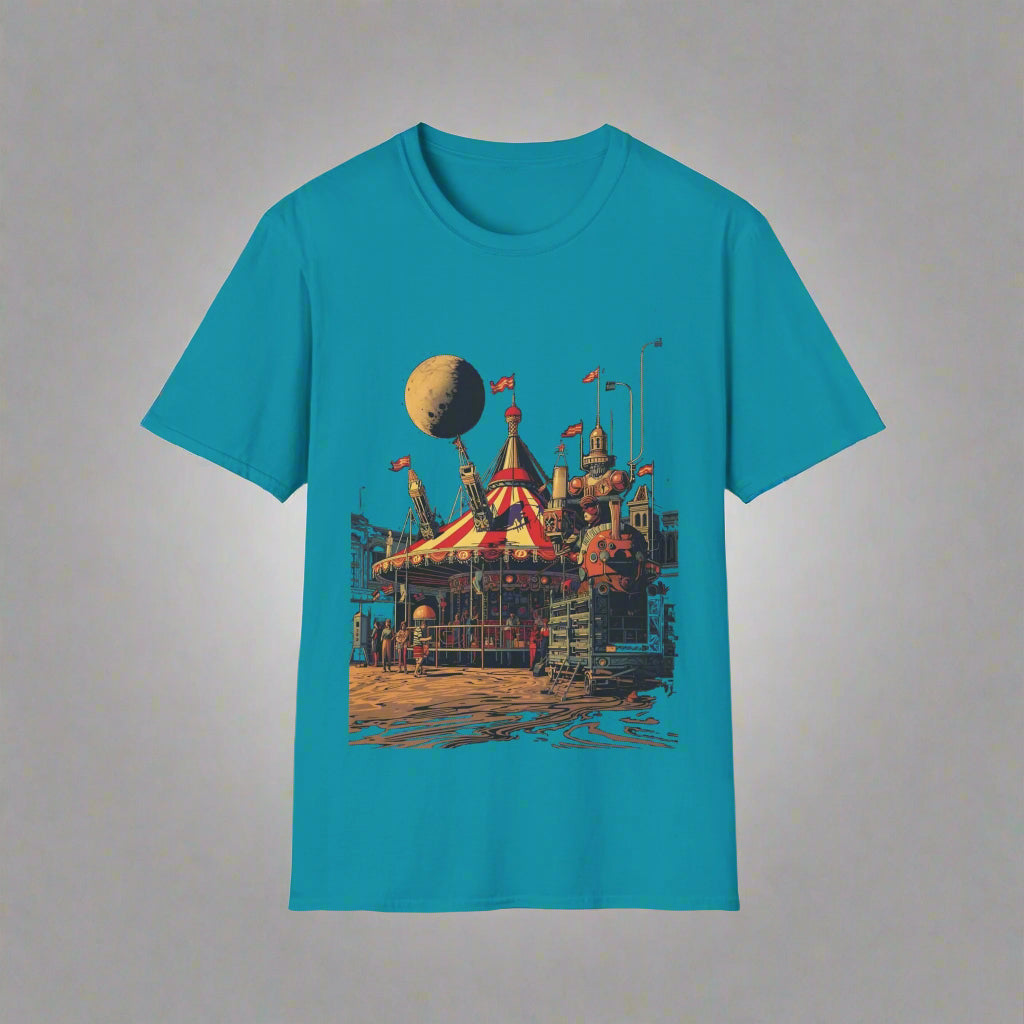 Blue t-shirt with a space-themed graphic design