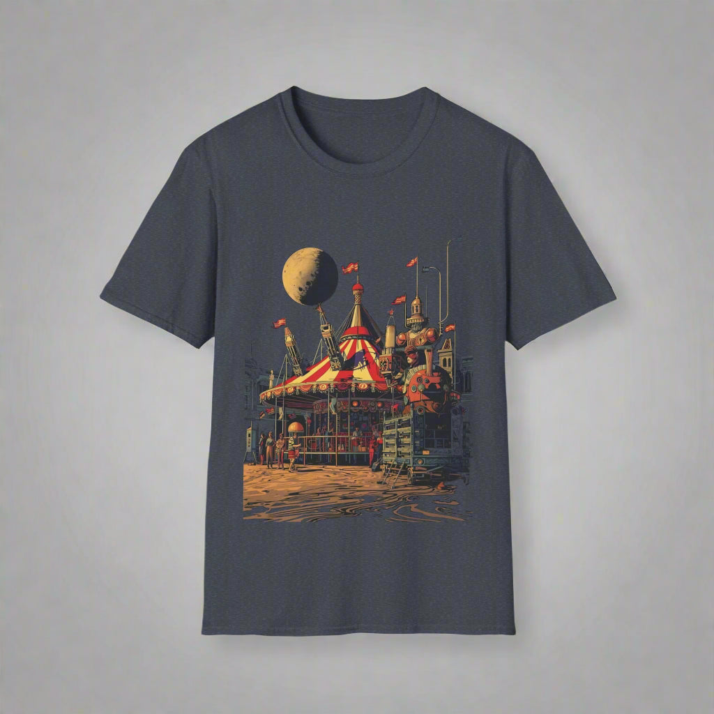 Navy blue t-shirt with a colorful circus tent design