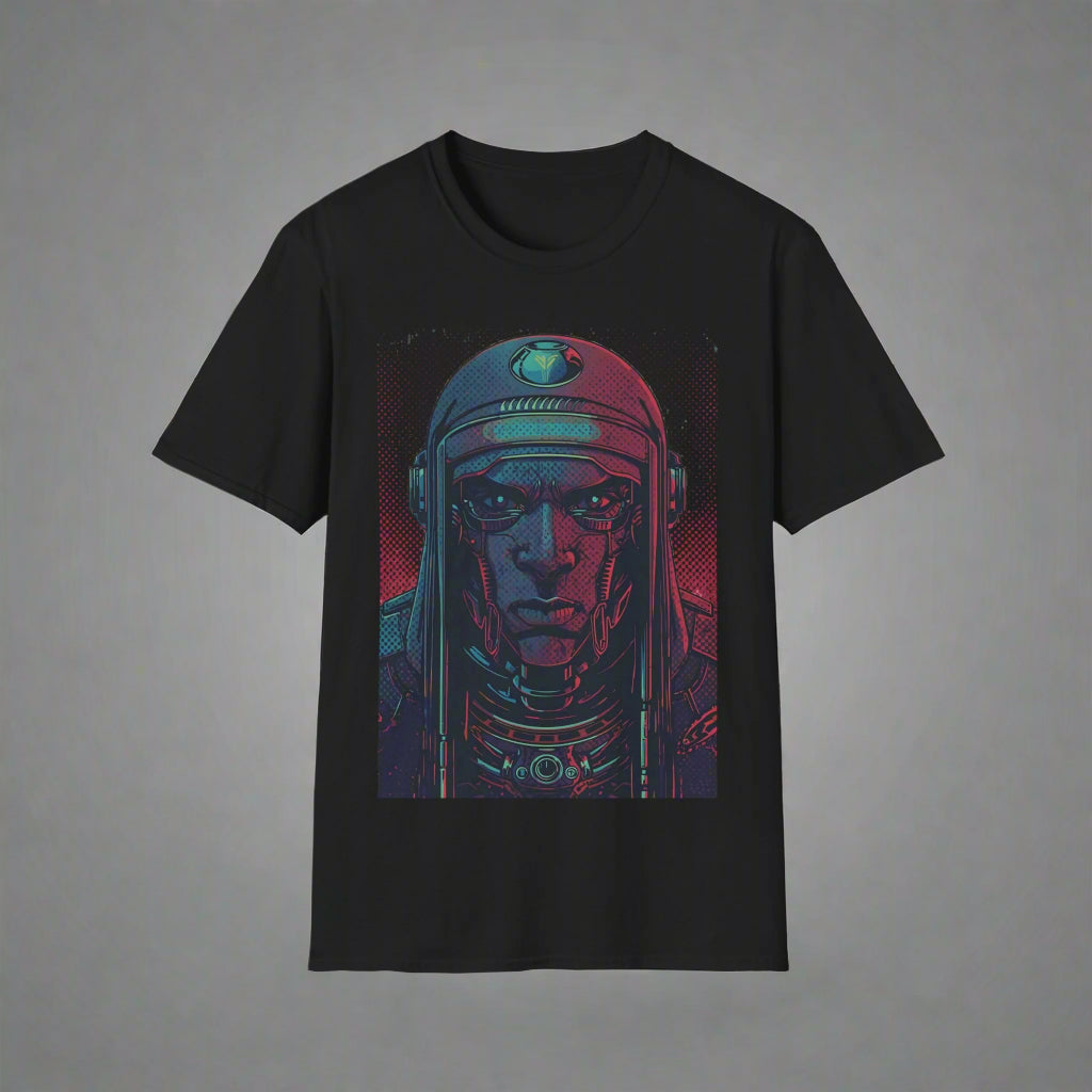 Black t-shirt with a graphic of a character in a spacesuit