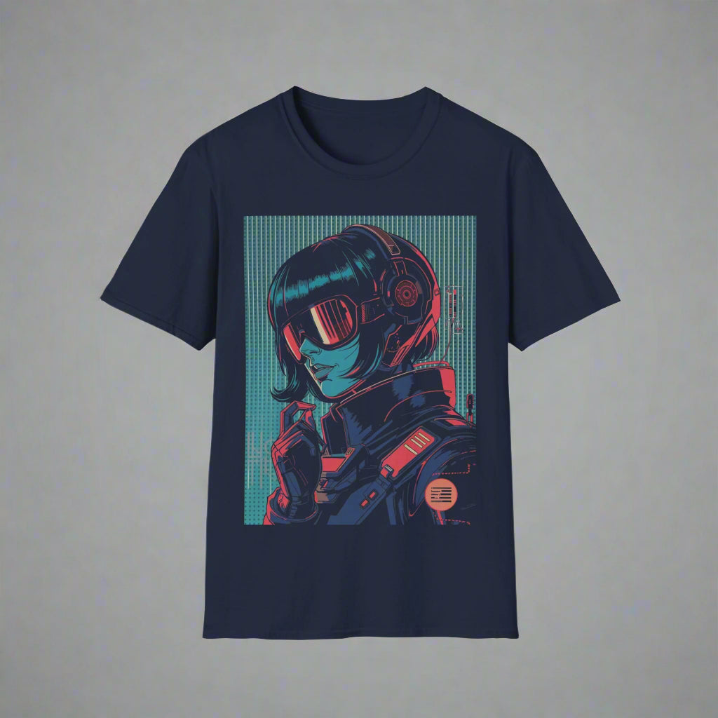 Navy blue t-shirt with a futuristic character graphic