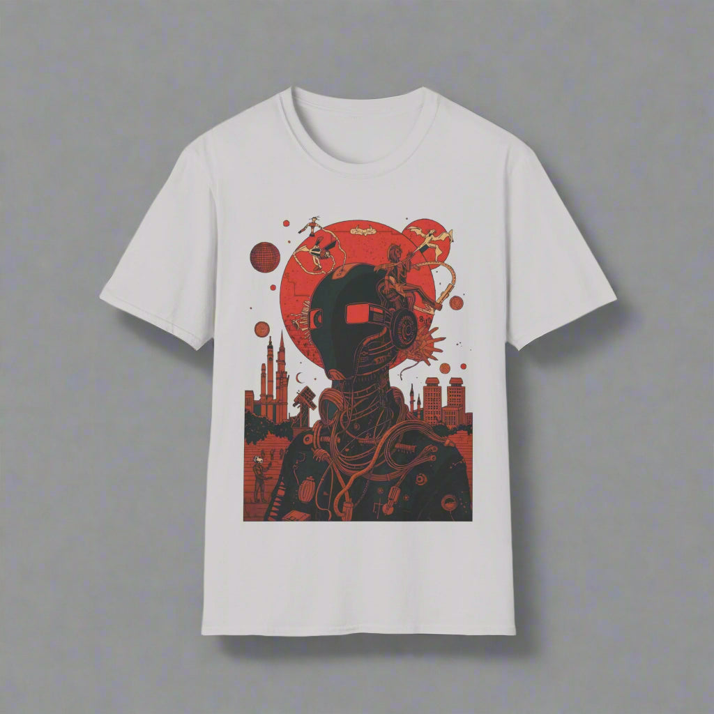 White t-shirt with a red and black graphic design