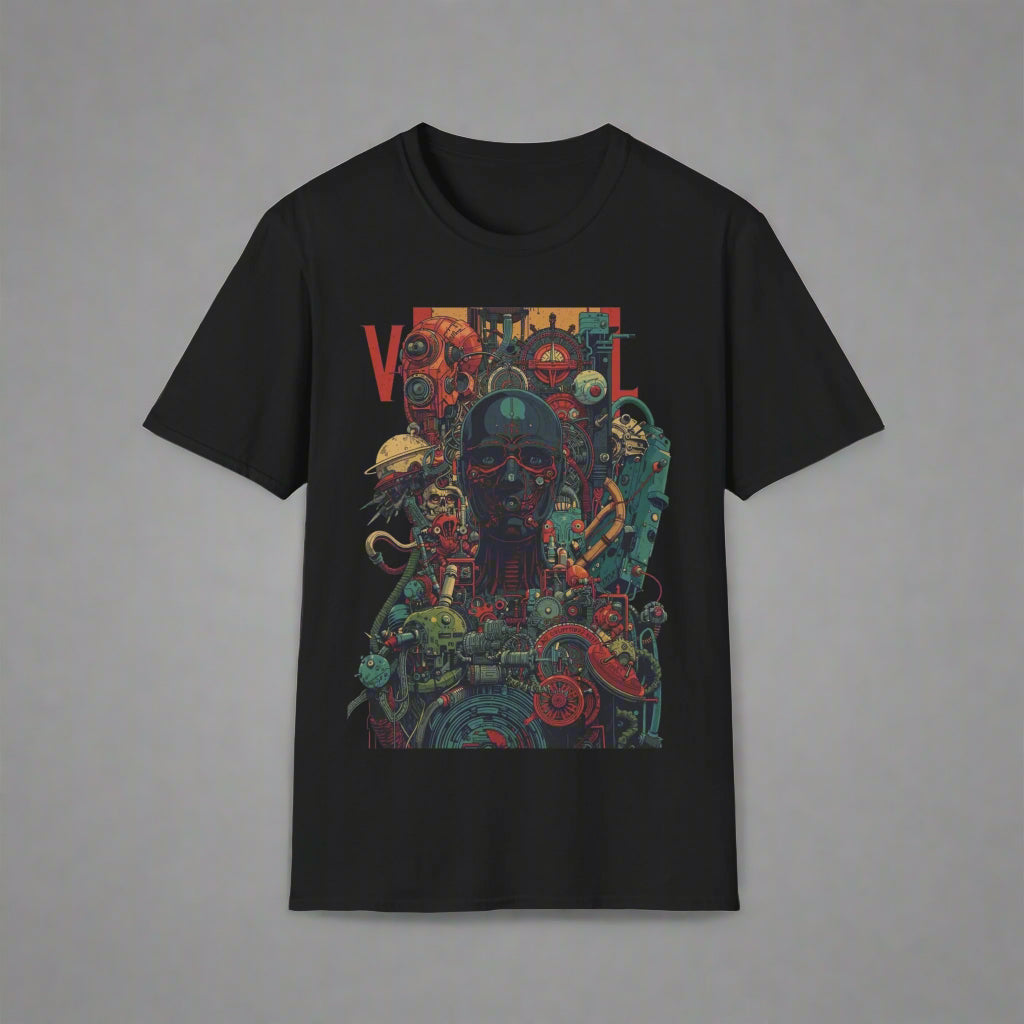 Black t-shirt with a colorful graphic design