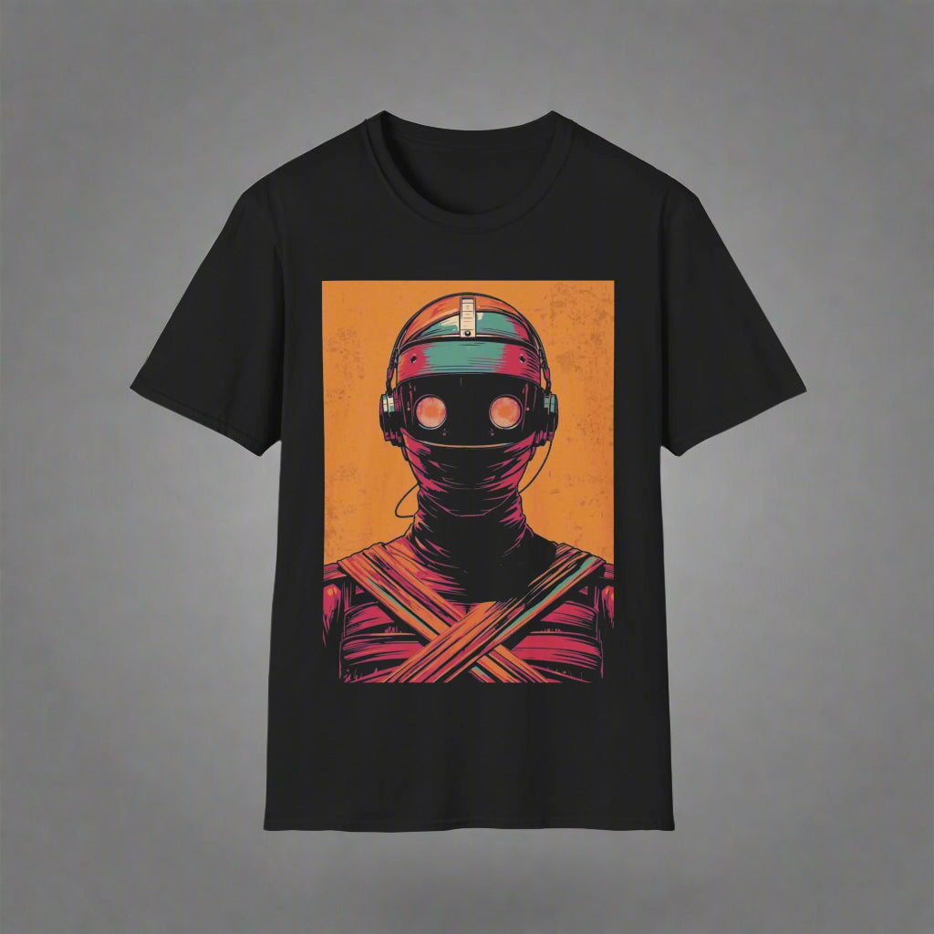 Black t-shirt with a robot graphic on an orange background