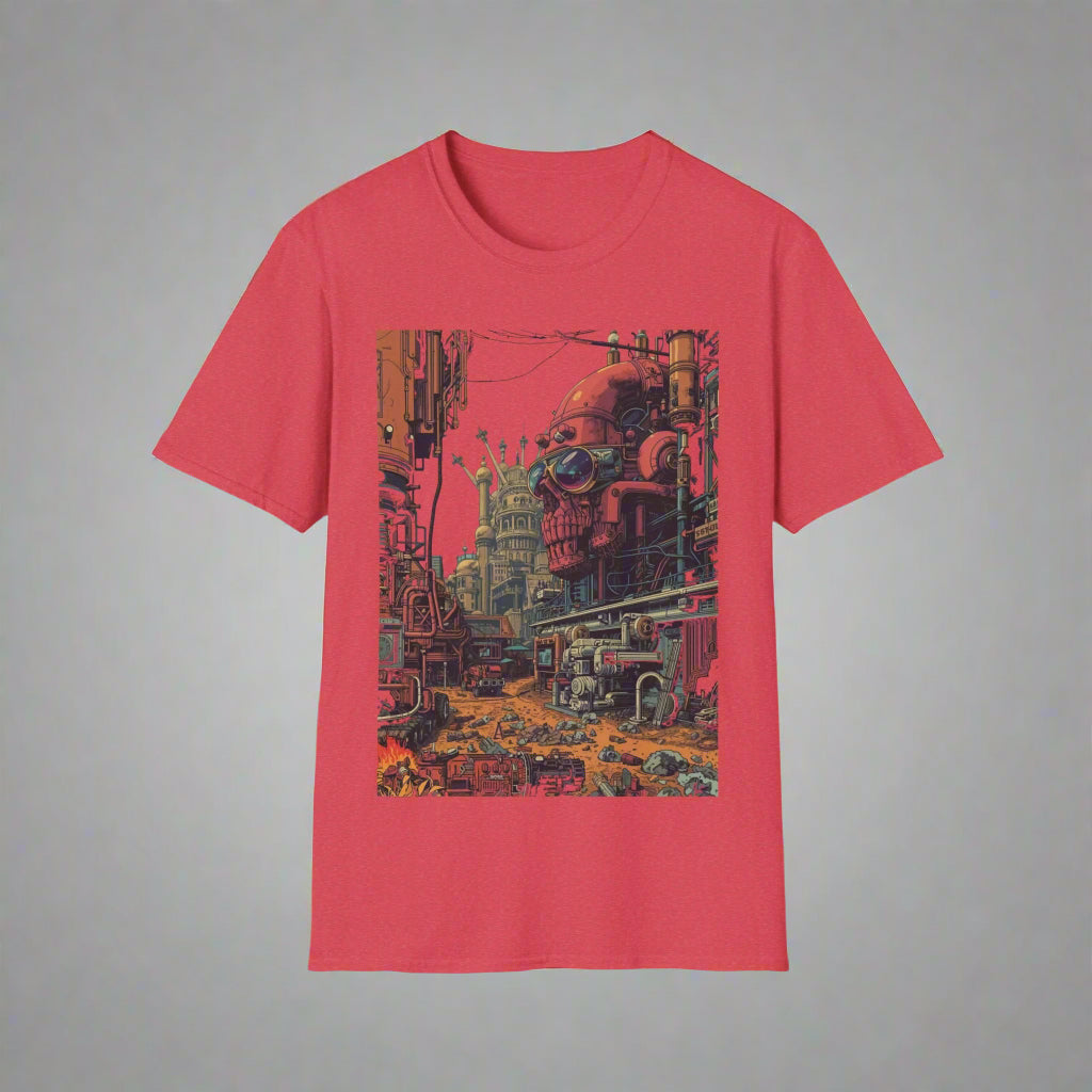 Red t-shirt with a graphic design of a robot in an urban setting