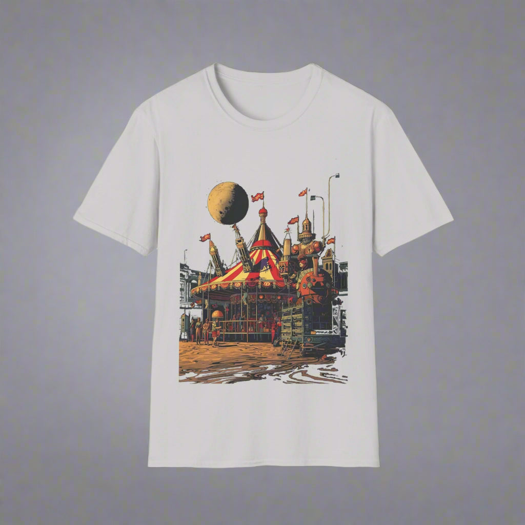 Gray t-shirt with a colorful graphic design