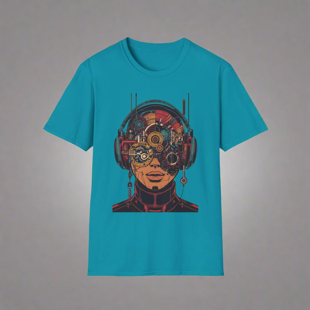 Teal t-shirt with a mechanical head design