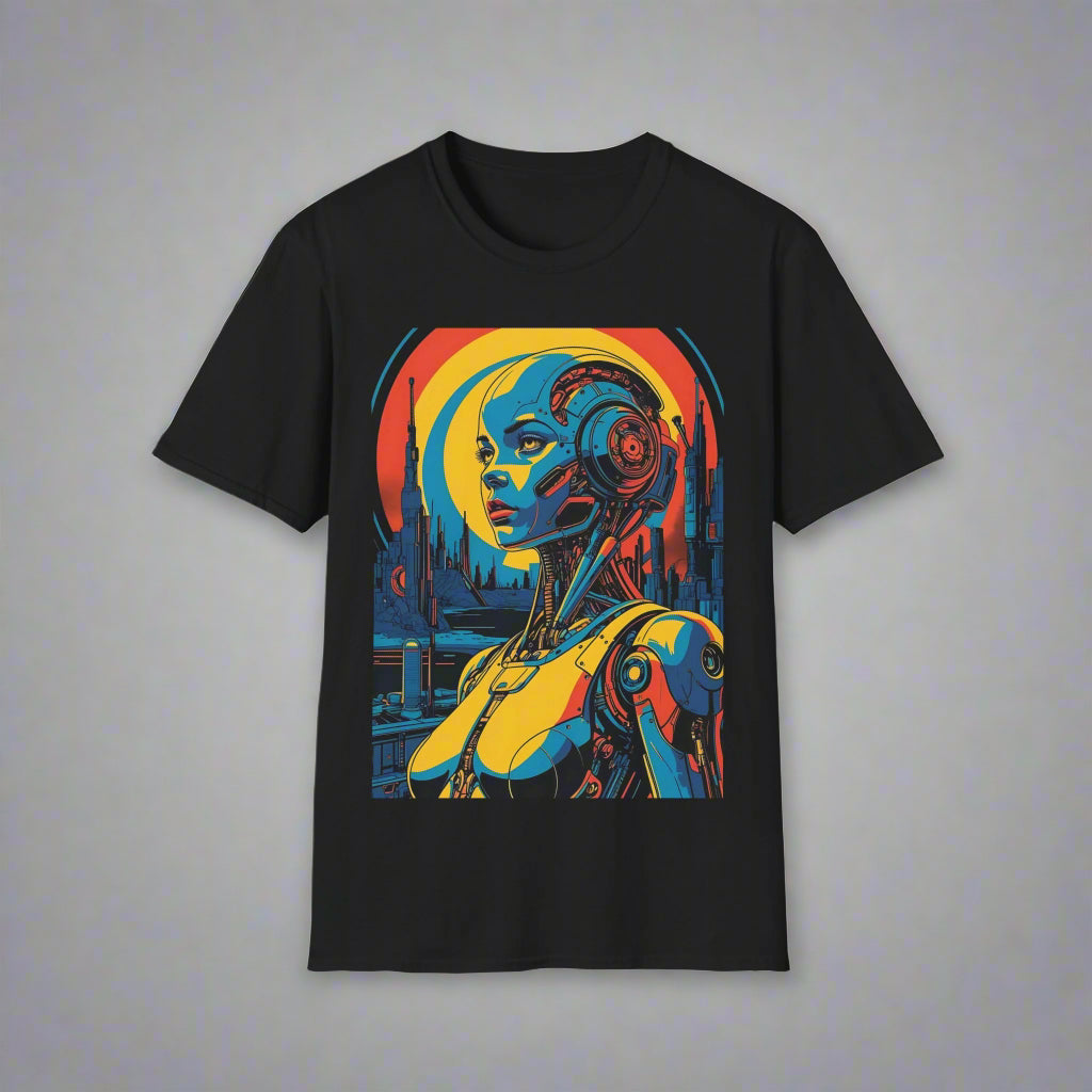 Black t-shirt with a colorful robot design