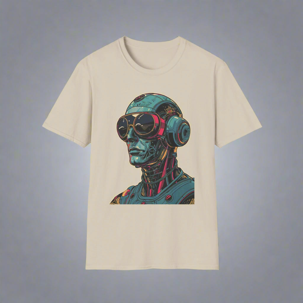Beige t-shirt with a robot graphic design