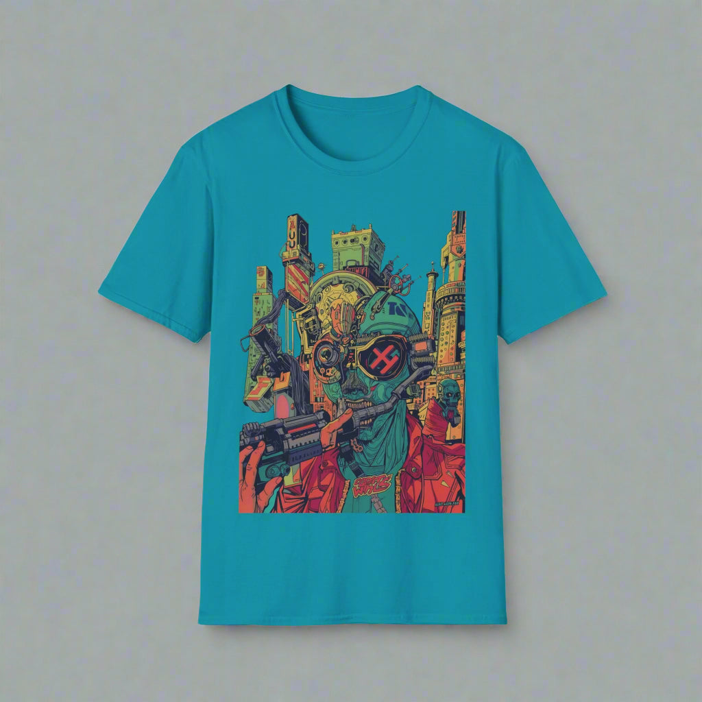 Teal t-shirt with a colorful graphic design