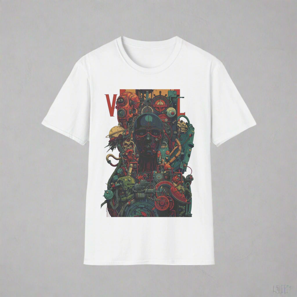White t-shirt with a colorful graphic design
