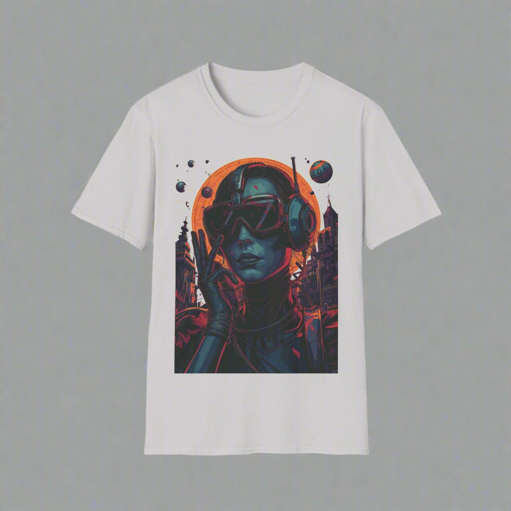 White t-shirt with a graphic design of a person in futuristic attire