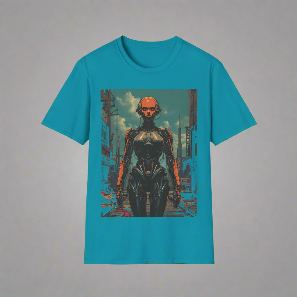 Teal t-shirt with a robot graphic