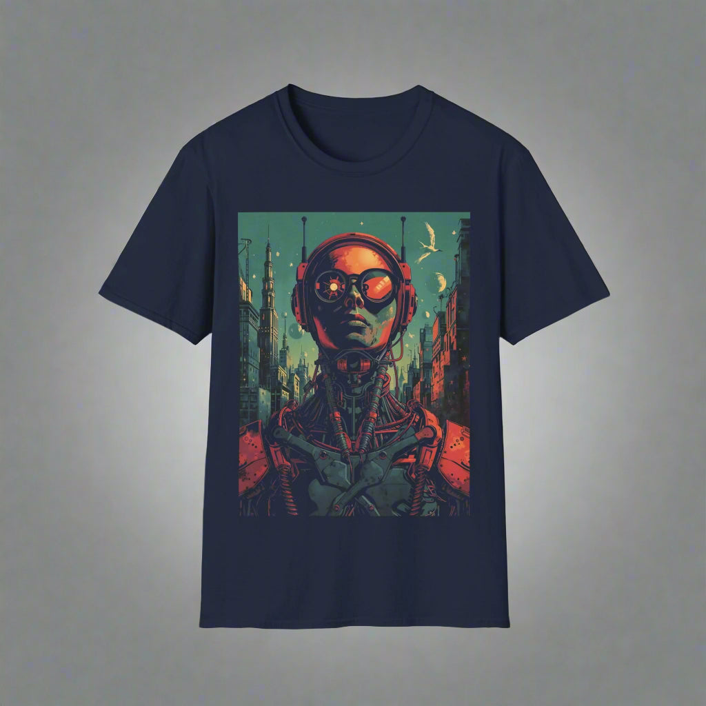Navy blue t-shirt with a futuristic graphic design