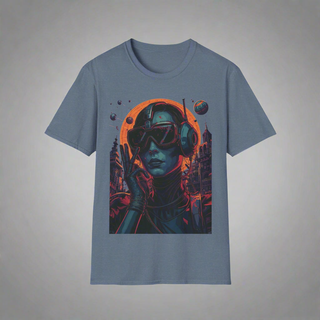 Blue t-shirt with a graphic of a person in futuristic attire