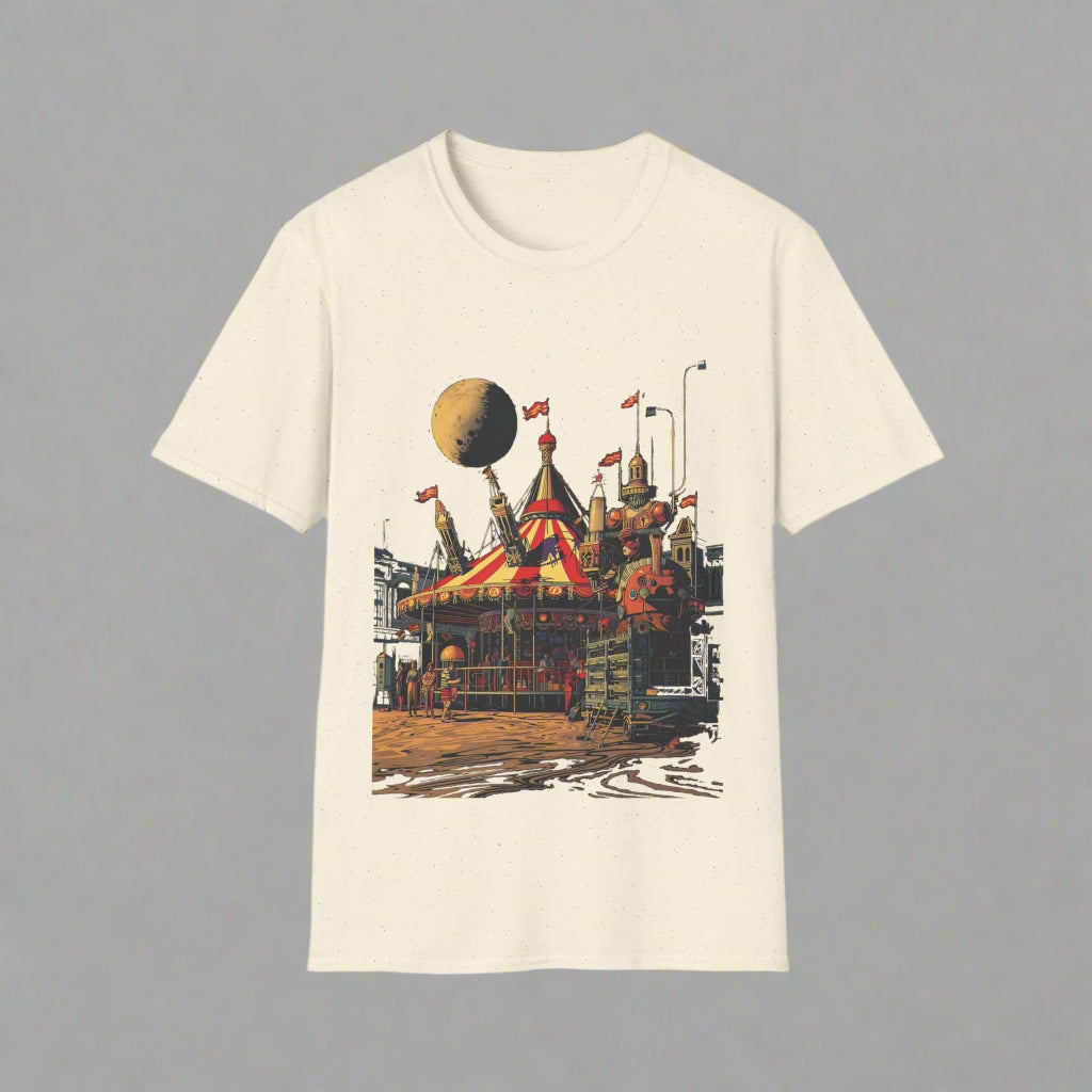 Beige t-shirt with a colorful graphic design